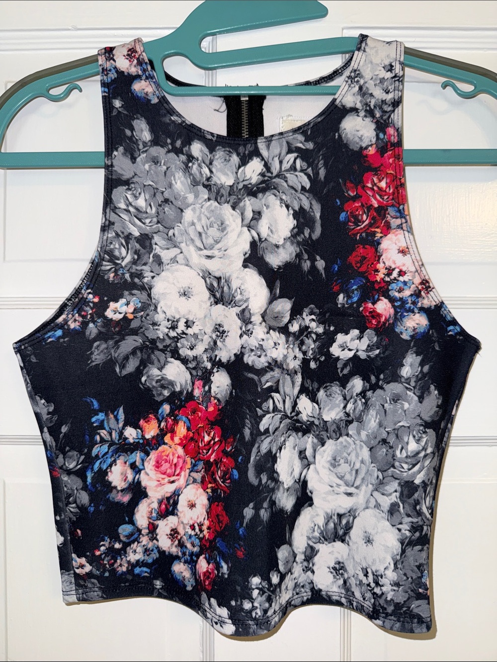 Abercrombie & Fitch Black Floral Crop Top with Red & Pink Accents